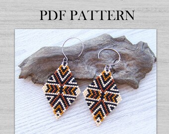 Ethnic Brick Stitch Earrings PDF pattern, Brown Rhombus Miyuki Delica Beaded Earrings pattern, Native tribal earrings PDF pattern