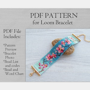 Sakura Loom Bead Pattern, Pink Flower print bracelet pattern, Floral Miyuki Delica Bracelet PDF Pattern, PDF Beading instant download