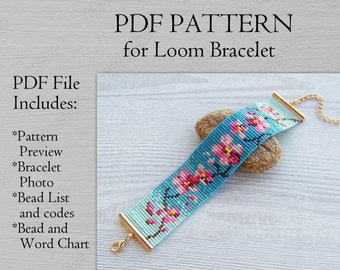 Sakura Loom Bead Pattern, Pink Flower print bracelet pattern, Floral Miyuki Delica Bracelet PDF Pattern, PDF Beading instant download