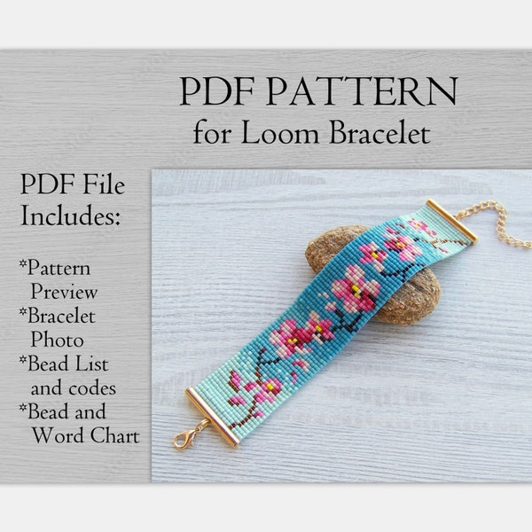 Patrón de cuentas de telar Sakura, patrón de pulsera con estampado de flores rosas, patrón PDF de pulsera floral Miyuki Delica, descarga instantánea de cuentas PDF