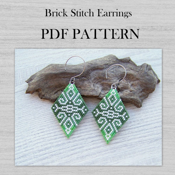 Brick Stitch Earrings PDF pattern, Green Ombre geometric Rhombus Miyuki Delica Diamond Shaped Beaded pattern, Gradient earrings PDF pattern