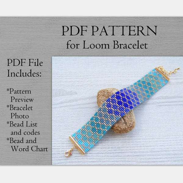 Blue Shades Sea Bubbles Loom bracelet pattern, Miyuki Delica Bracelet PDF Pattern, Beading blue ombre gradient wrist cuff instant download