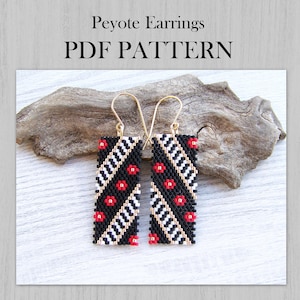 May include: Rectangular Peyote earrings with a black, white, red, and tan beaded pattern. The earrings have gold-colored hooks. The image also includes the text "Peyote Earrings PDF PATTERN".