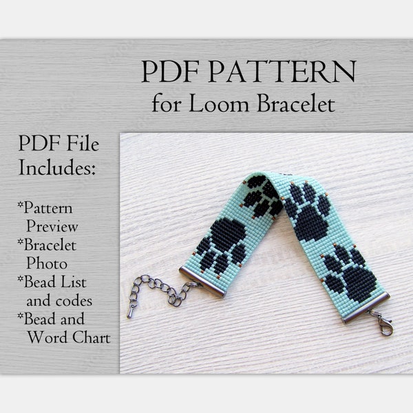 Loom Bead Pattern, Paw Print Miyuki Delica Beading Bracelet PDF Pattern, PDF Beading Pet Feet bracelet pattern,  instant download