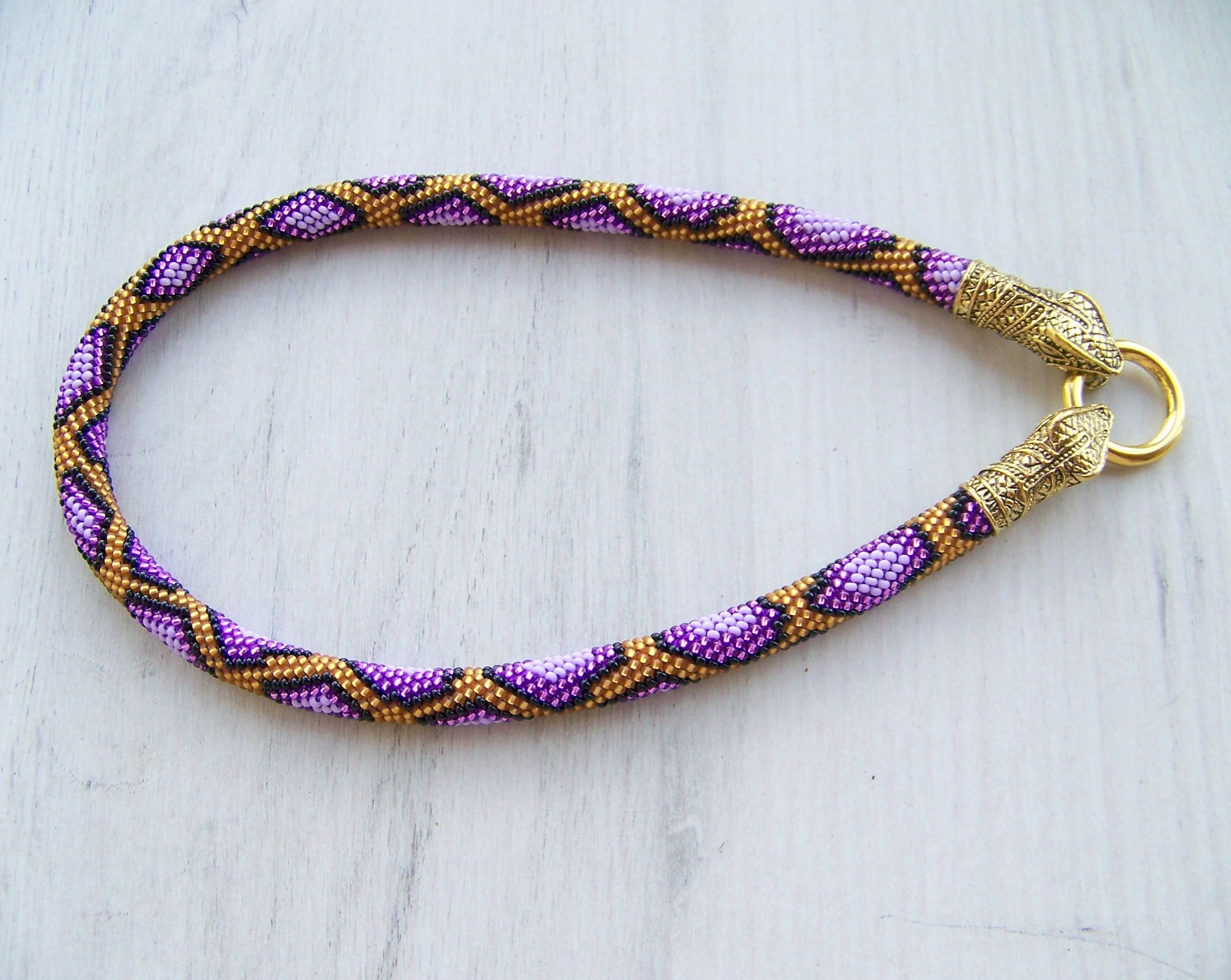 Purple Serpent Bead Crochet Necklace Pattern, Statement Jewelry Python ...