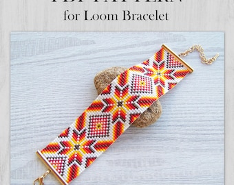 Geometric Loom Bead Pattern, Miyuki Delica yellow red ombre ornament classic bracelet PDF pattern, Beading instant download