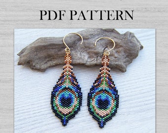 Peacock Feather Brick Stitch Earrings PDF pattern, Colorful Shiny Miyuki Delica Beaded Earring pattern, Multicolor earrings PDF