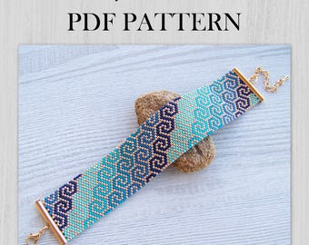 Blue Shades Geometric Peyote EVEN Count bracelet pattern, Miyuki Delica PDF Pattern, Beading blue turquoise ombre gradient bracelet download