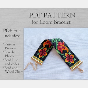 Patrón de cuentas de telar floral, patrón PDF de pulsera Miyuki Delica con flores étnicas rojas en negro, patrón de pulsera con estampado de flores, descarga instantánea