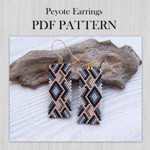 May include: A pair of rectangular Peyote earrings with a geometric design in black, grey, and gold. The earrings hang from gold-coloured ear wires. The image includes the text "Peyote Earrings PDF PATTERN" at the top.