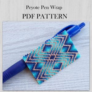 May include: A blue ballpoint pen featuring a peyote stitch bead wrap with a geometric pattern in shades of dark blue, light blue, and metallic copper. The text Peyote Pen Wrap PDF PATTERN is displayed above the pen on a light wood background.