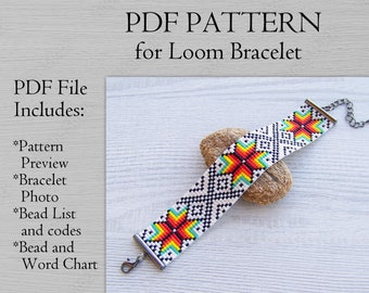 Geometric Loom Bead Pattern, Miyuki Delica Bracelet PDF Pattern, Native ethnic style colorful bracelet pattern, PDF Beading instant download