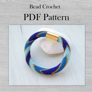 Bead crochet bracelet pattern, Seed bead pattern, Blue gold striped lines print bracelet pattern, PDF Pattern for modern bracelet