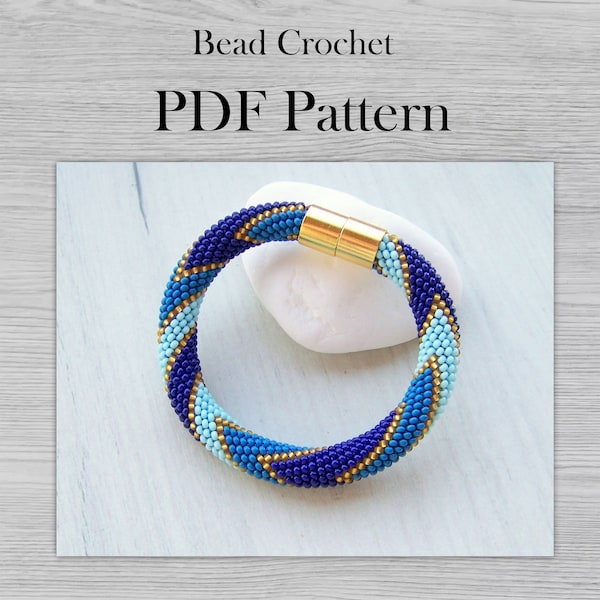 Modèle de bracelet au crochet de perles, modèle de perles de rocaille, modèle de bracelet imprimé de lignes rayées d'or bleu, modèle PDF pour bracelet moderne