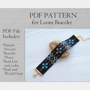Geometric bracelet pattern, Black gold turquoise Loom Beading Pattern, Miyuki Delica Bracelet PDF Pattern, PDF Beading instant download