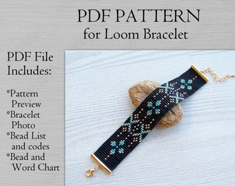 Motif géométrique de bracelet, motif de perles sur métier à tisser turquoise or noir, motif PDF de bracelet Miyuki Delica, téléchargement immédiat de perles PDF