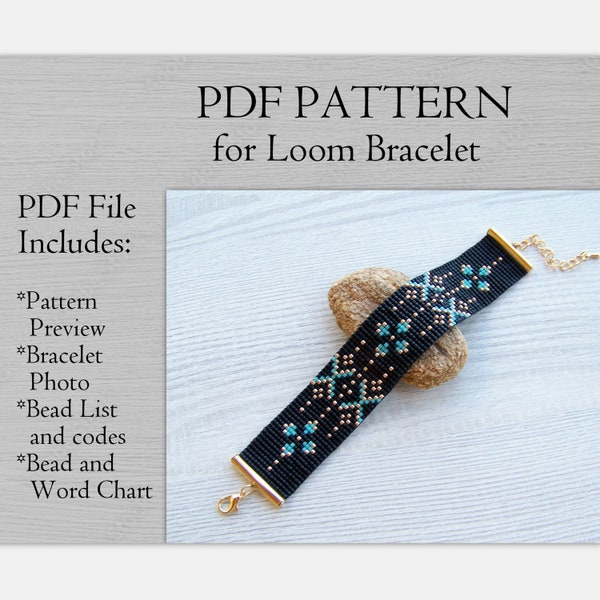 Geometric bracelet pattern, Black gold turquoise Loom Beading Pattern, Miyuki Delica Bracelet PDF Pattern, PDF Beading instant download