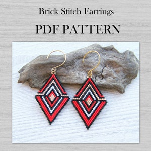 May include: A pair of red, white and black diamond-shaped earrings with gold-coloured ear wires. The earrings are made with brick stitch beading and feature a geometric pattern. The image includes the text "Brick Stitch Earrings PDF PATTERN".
