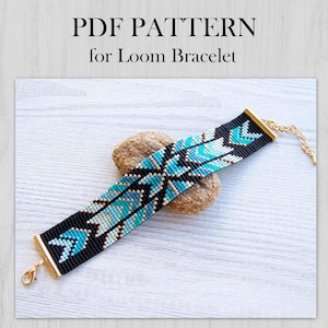 Patrón de cuentas de telar de estilo étnico, patrón de pulsera Miyuki Delica en PDF, patrón de pulsera turquesa con degradado nativo, descarga instantánea de abalorios en PDF