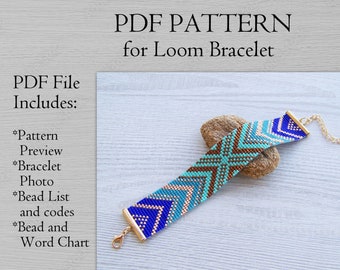 Blue Shades Geometric Loom bracelet pattern, Miyuki Delica Bracelet PDF Pattern, Beading blue ombre gradient wrist cuff instant download