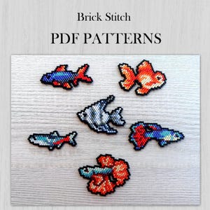 Set of Fish Brick stitch patterns, 6 Beading Graph PDF files Instant download, Aquarium Fish Pattern for earrings Miyuki Delica beads