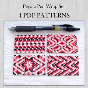 May include: A Peyote Pen Wrap Set 4 PDF PATTERNS text display above a black ink pen and four rectangular beaded panels featuring geometric designs in shades of red, black, white, and metallic gold, arranged in a two-by-two grid layout.