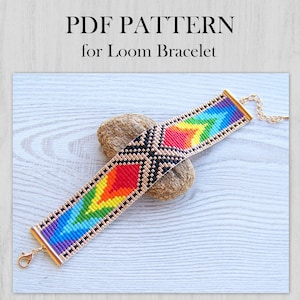 Regenbooggeometrische weefgetouwkraalpatroon, Miyuki Delica-armband pdf-patroon, kleurrijke meerkleurige pdf-kralen polsmanchet instant download