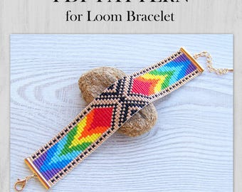 Rainbow Geometric Loom Bead Pattern, Miyuki Delica Bracelet PDF Pattern, Colorful Multi Color PDF Beading wrist cuff instant download