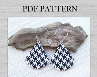 Patrón PDF de pendientes de punto ladrillo, patrón clásico geométrico de cuentas Miyuki Delica en blanco y negro, patrón PDF de pendientes colgantes