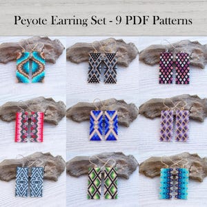 May include: Nine pairs of beaded Peyote earrings in diverse geometric patterns and colours, including turquoise, black, pink, blue, purple, and green. The earrings are displayed on driftwood.