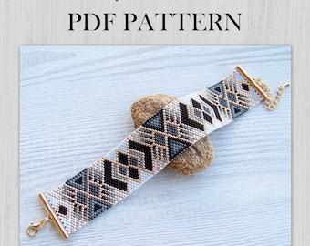 Geometric Peyote Odd count bracelet pattern, Miyuki Delica Bracelet PDF Pattern, Beading Ombre grey black gold wrist cuff pattern