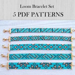 May include: Five turquoise loom bracelets with gold clasps and intricate bead patterns. The bracelets feature geometric designs in gold, black, and white. Text at the top reads "Loom Bracelet Set" and "5 PDF PATTERNS".