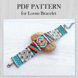 Loom beading pattern, Patchwork modern Miyuki Delica beads Bracelet PDF Pattern, Beading black grey gold wrist cuff instant download
