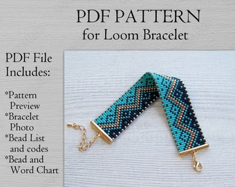 Geometrisches Loom Bead Muster, Miyuki Delica Armband PDF Muster, Schwarz Türkis Gold klassisches Armband Muster, PDF Perlen sofort-Download