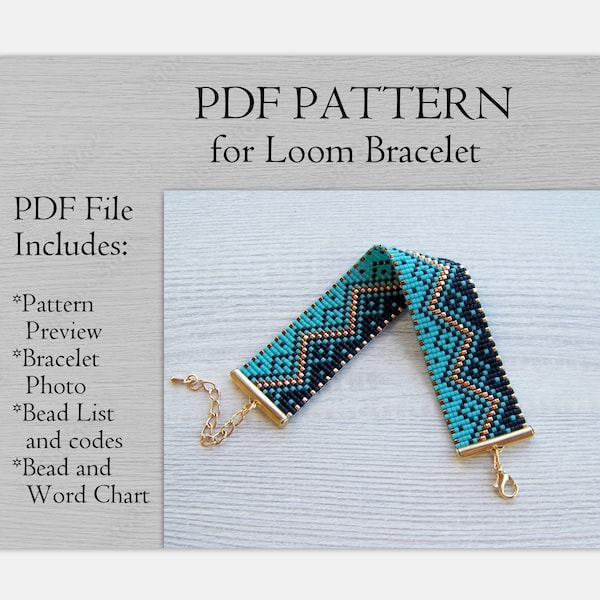 Geometric Loom Bead Pattern, Miyuki Delica Bracelet PDF Pattern, Black turquoise gold classic bracelet pattern, PDF Beading instant download