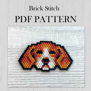 Peut inclure: Un modèle de broderie en point de brique pour un chien avec des perles orange, brun, blanc et noir. Le modèle est intitulé "Brick Stitch PDF Pattern".
