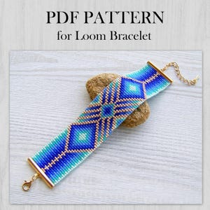 Patrón de pulsera Blue Gradient Loom, patrón PDF de pulsera Miyuki Delica, brazalete geométrico azul degradado con cuentas, descarga instantánea