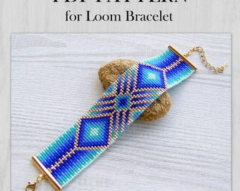 Blue Gradient Loom bracelet pattern, Miyuki Delica Bracelet PDF Pattern, Beading blue ombre geometric wrist cuff instant download