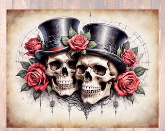 Papel de seda con calaveras y rosas para decoupage - Arte de terror gótico