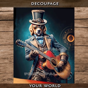 3 Sheet of Tissue Paper for Decoupage 18lbs - Steampunk Golden Retriever playing guitar with top hat