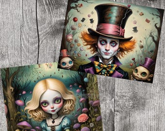 Papel para decoupage de Alicia en el País de las Maravillas: Sombrerero Loco y dibujo animado de Alicia (3 hojas)