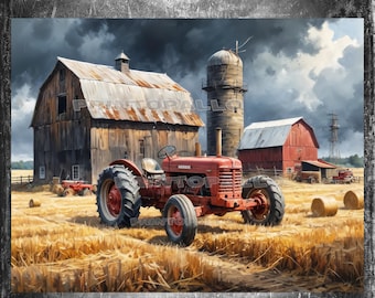 Papel de seda con paisaje rural para decoupage: Tractor rojo, trigo y granero