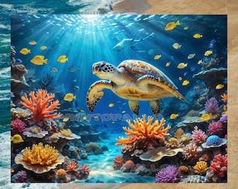 3 Hojas de Papel de Seda para Decoupage 18lbs - Tortuga boba nada entre los corales del arrecife en agua iluminada por los rayos del sol.