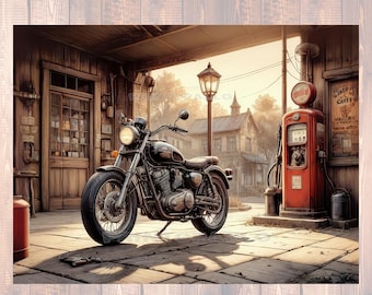 3 hojas de papel de seda para decoupage de 18 libras: motocicleta antigua en un garaje de los años 50 con bomba de combustible