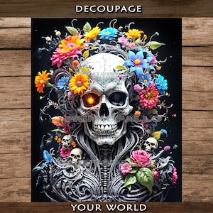 May include: A white skull with a glowing orange eye is surrounded by a colorful floral wreath. The skull has a detailed, ornate design and is set against a black background. The text "YOUR WORLD" is at the bottom of the image.