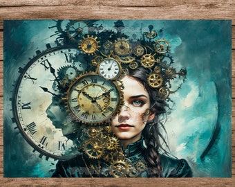 3 hojas de papel de seda para decoupage de 18 libras - Mujer Steampunk, reina de los relojes y el tiempo