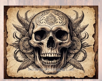 3 hojas de papel de seda para decoupage de 18 libras: calavera tribal estilo tatuaje vintage sobre pergamino