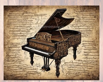 3 hojas de papel de seda para decoupage de 18 libras: piano steampunk vintage sobre pergamino con partituras