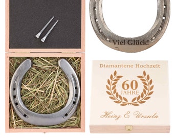 Cadeau de mariage en diamant, fer à cheval avec boîte cadeau personnalisée, véritable fer à cheval porte-bonheur usé avec gravure, acier ou plaqué or