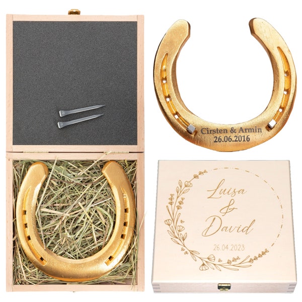 Hufeisen Hochzeitsgeschenk mit personalisierter Geschenkbox im Boho Stil, Echtes getragenes Glückshufeisen mit Gravur, Stahl oder vergoldet